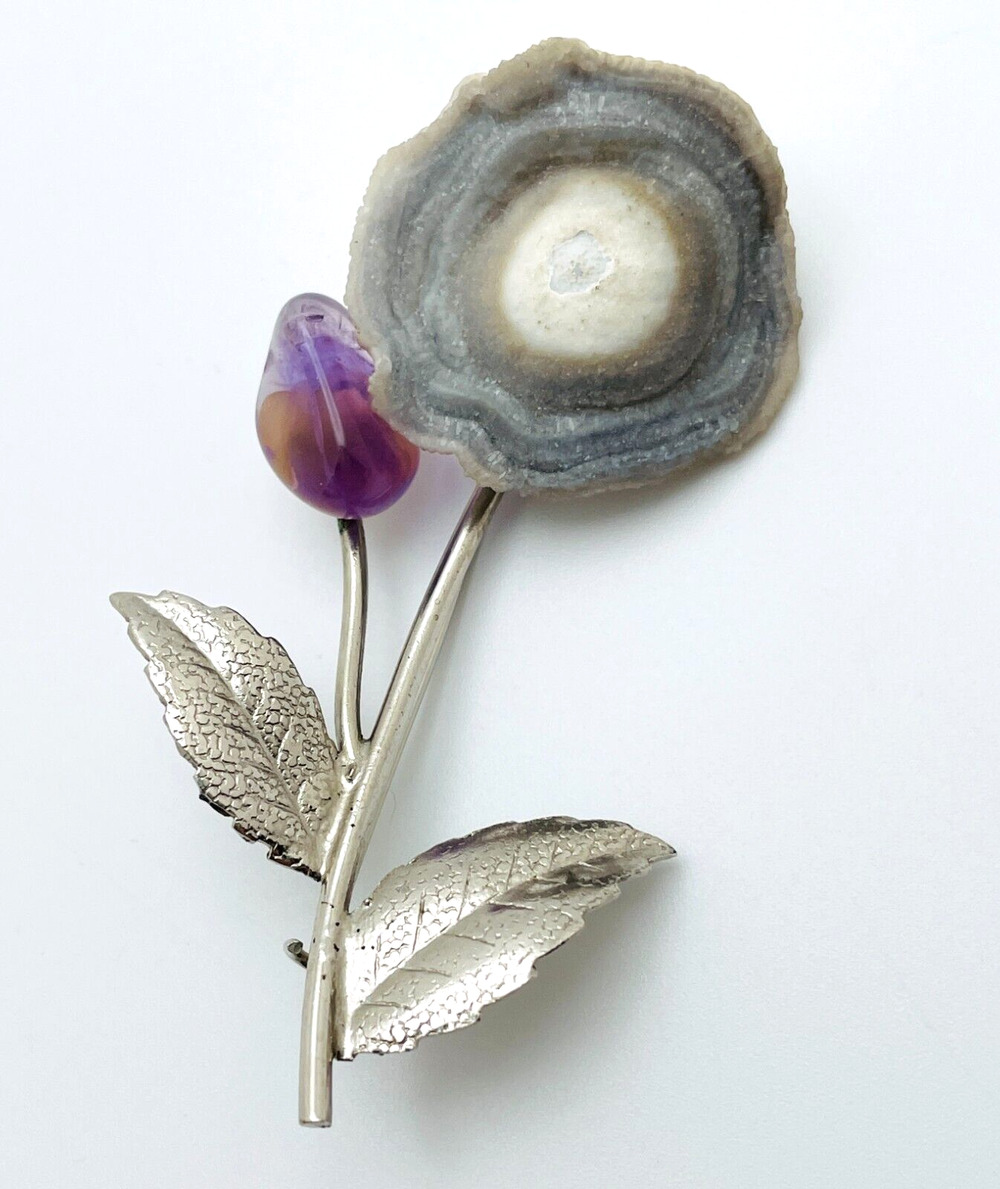 Brazilian Gray Stalactite Slice Flower Brooch Pin Purple Semi Precious Stone